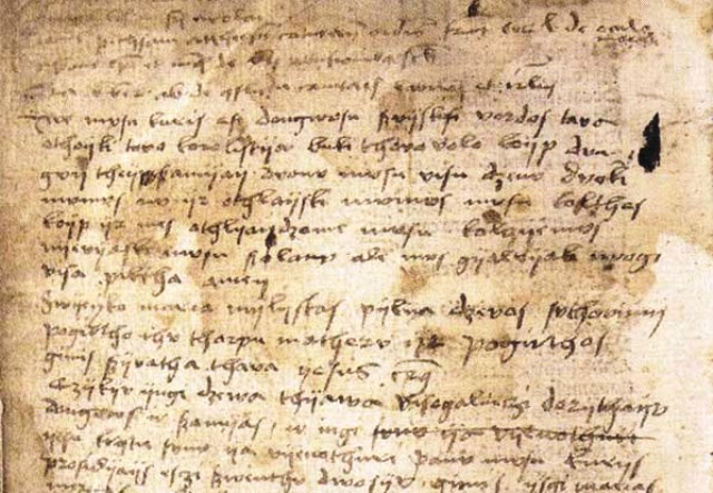 Pirmasis žinomas lietuviškas raštas – anoniminis poterių tekstas, ranka įrašytas į 1503 m. Štrasburge išleistos knygos „Tractatus sacerdotalis“ paskutinį puslapį.